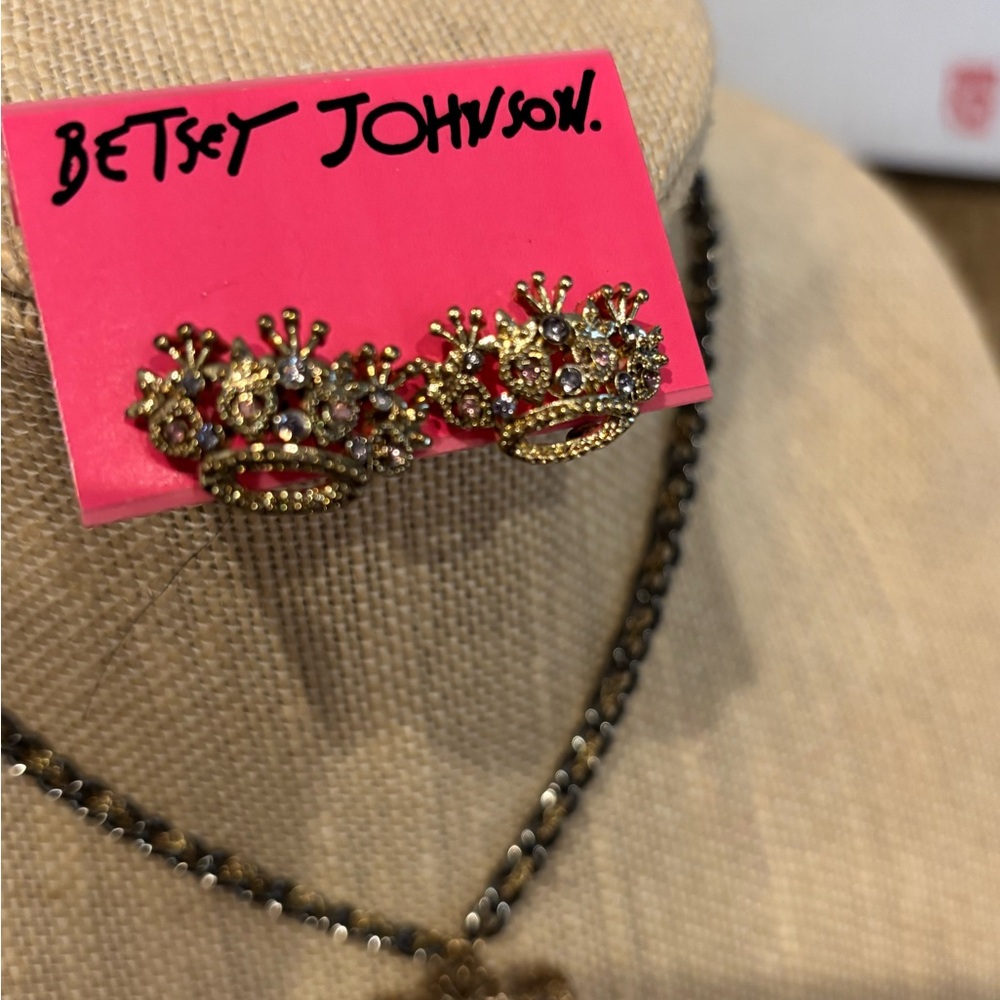 Betsey Johnson Gold Crown Earrings and necklace set.